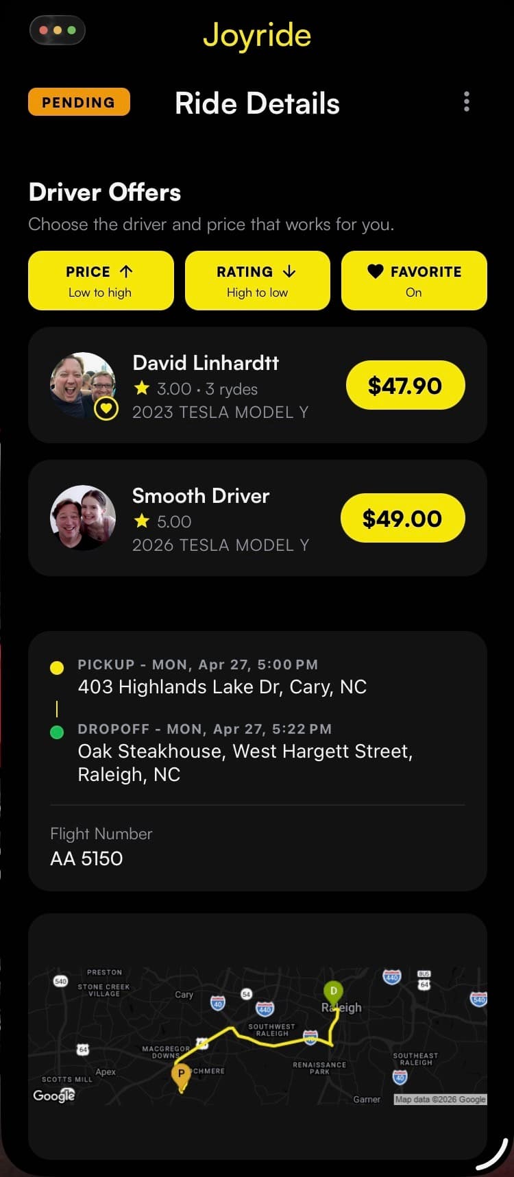 Joyride — Rider picks a driver & price